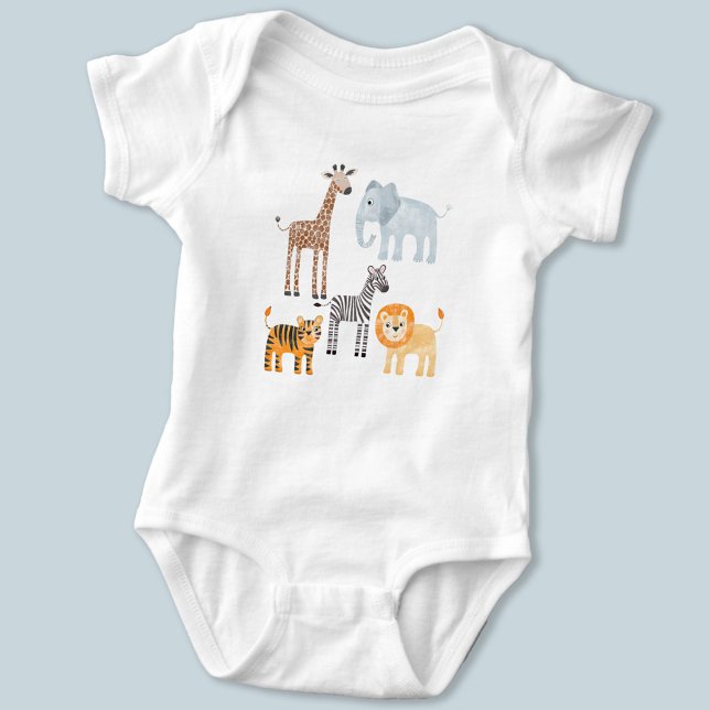 Body Para Bebê Animais de Safari Bebê Fofo Aquarela (Cute safari baby animals, lion tiger zebra elephant giraffe patterned baby body suit)