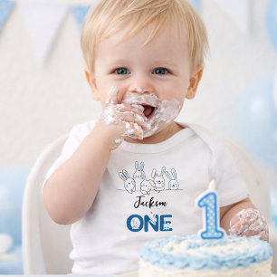 Body Para Bebê Aniversário de 1 ano do Menino do Coelho Azul Fofo