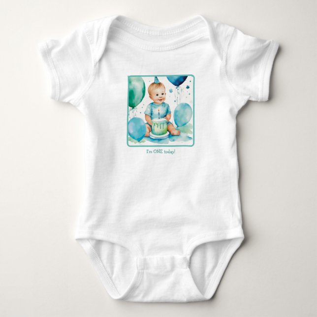 Body Para Bebê Aniversário de 1 ano Personalizado Estilo Aquarela (Frente)