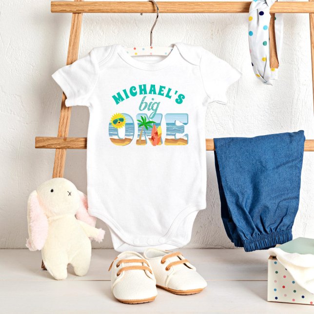 Body Para Bebê aniversário de verão na praia de surfe Big One (Big One surfing beach ocean first birthday party baby t-shirt birthday photoshoot shirt cute)