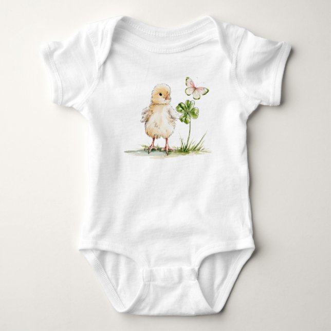 Body Para Bebê Aquarela de Frango com Trevo de Quatro Folhas  (Frente)
