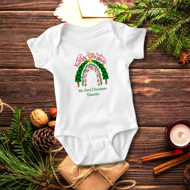Body Para Bebê Arco-íris de Natal Vermelho Verde Meu 1º Natal  (My First Christmas Personalized Baby Body Suit. Gift for Baby Boy or Girl)