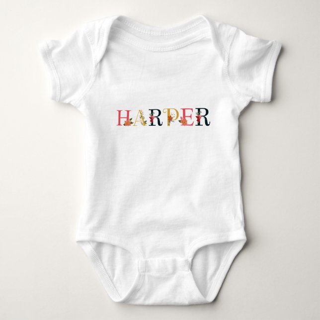 Body Para Bebê Arte de Nome HARPER Com Flores Bordadas (Frente)
