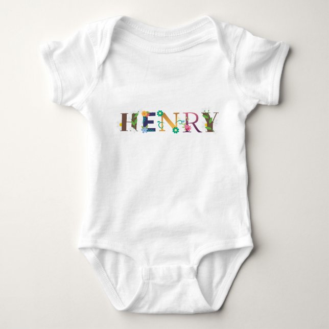 Body Para Bebê Arte de Nome HENRY Com Flores Embutidas (Frente)