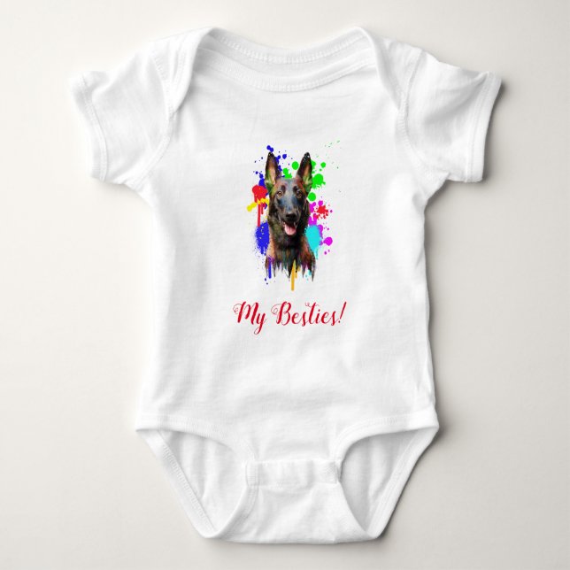 Body Para Bebê Arte Esmagada Cachorro Malinois Bebê Roupa (Frente)