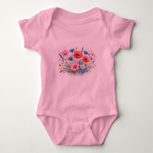 Body Para Bebê Arte Floral de Buquê de Prado de Flores Silvestres