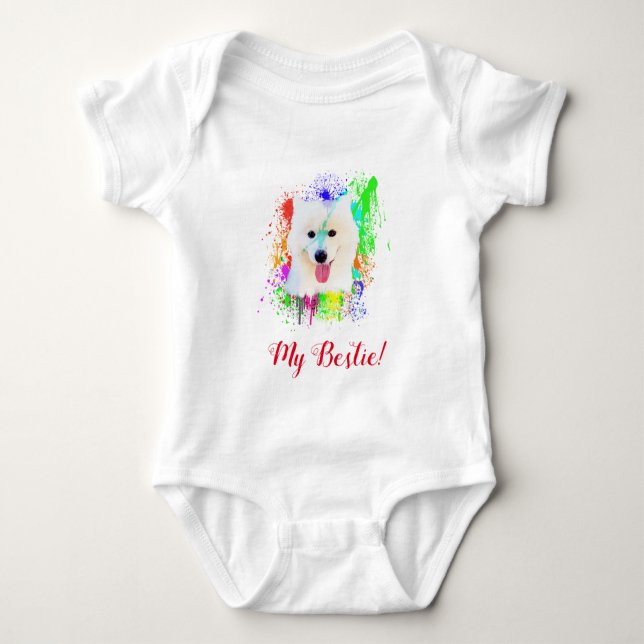 Body Para Bebê Arte Lâmina Cute Cachorro Samoyed Bebê Roupa (Frente)