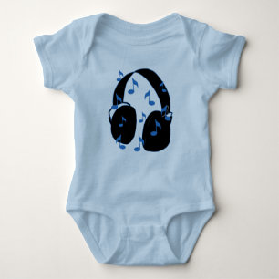 Body Para Bebê Auriculares com notas musicais para o bebê no azu