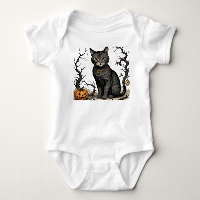 Body Para Bebê Autumn Cat e Pumpkins, Halloween Cat, (Frente)