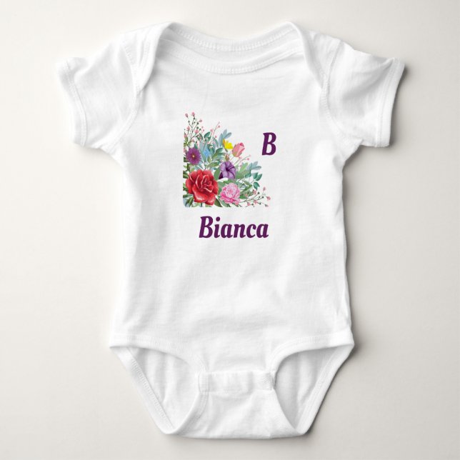 Body Para Bebê B Bianca Personalize o nome da letra, Rosa Flores (Frente)