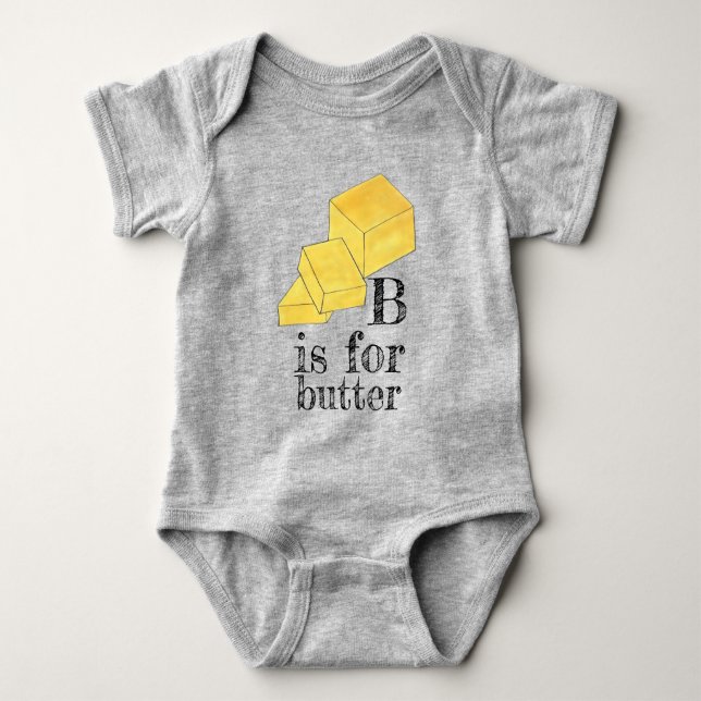 Body Para Bebê B é para BUTTER Yellow Stick Dairy Letter B ABC (Frente)