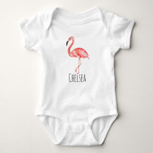 Body Para Bebê Baby Girl Tropical Watercolor Pink Flamingo Name