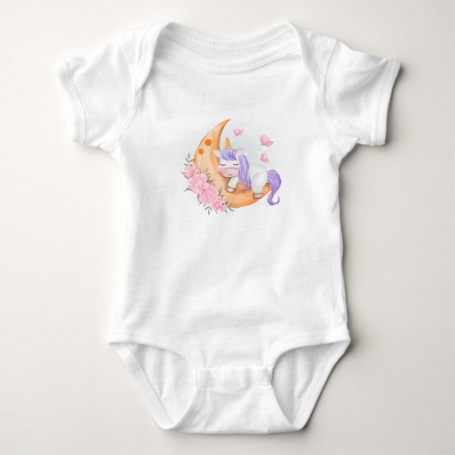 Body Para Bebê Baby Unicorn Over The Moon with Flowers (Frente)