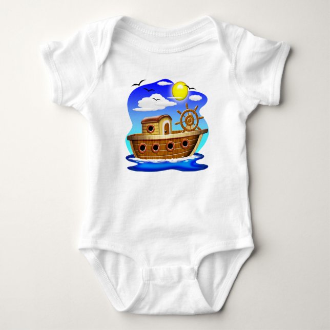 Body Para Bebê Barco de Pesca Cartoon  (Frente)