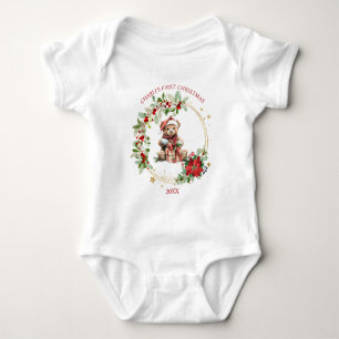 Body Para Bebê Bear Poinsettia Foliage Bebê Primeiro Natal