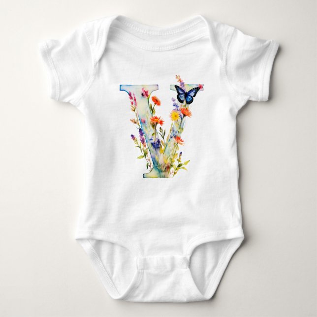 Body Para Bebê Beautiful Wildflower Butterfly Monogram (Frente)