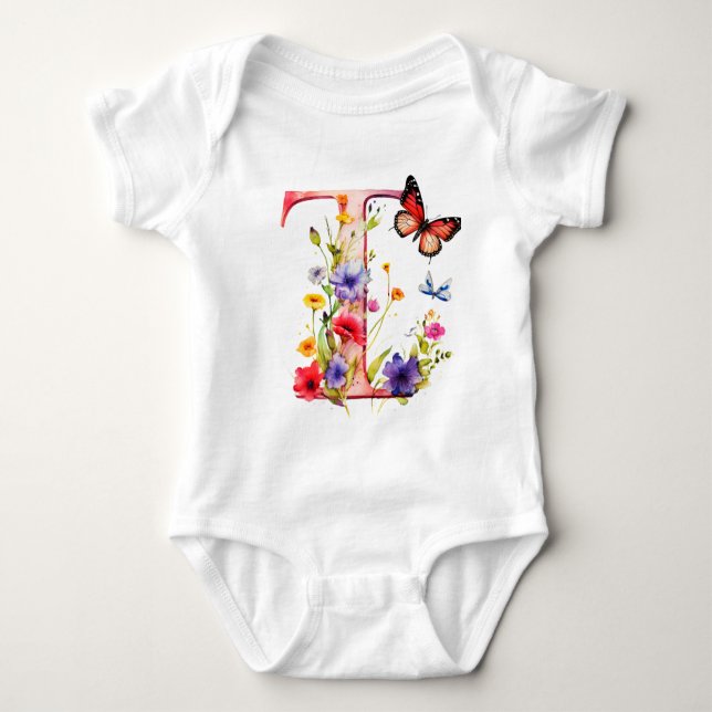 Body Para Bebê Beautiful Wildflower Butterfly Monogram (Frente)