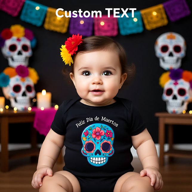 Body Para Bebê 🌹Bebê Azul Açúcar Caveira 🌹texto personalizado (🌹Blue Baby Sugar Skull 🌹custom text Baby Bodysuit)