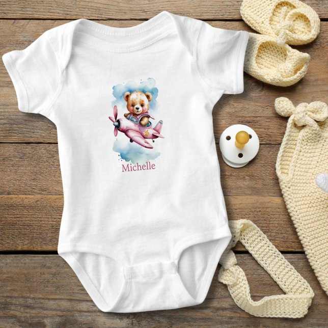 Body Para Bebê Bebê Bebê Rosa Urso no Avião Presente para Bebê (Baby Girl Bear Flying Pink Airplane, Personalized Body suit. Baby Shower gift, new baby girl gift)