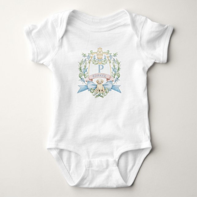 Body Para Bebê Bebê Cachorrinho de Listra Azul Crista de Monogram (Frente)