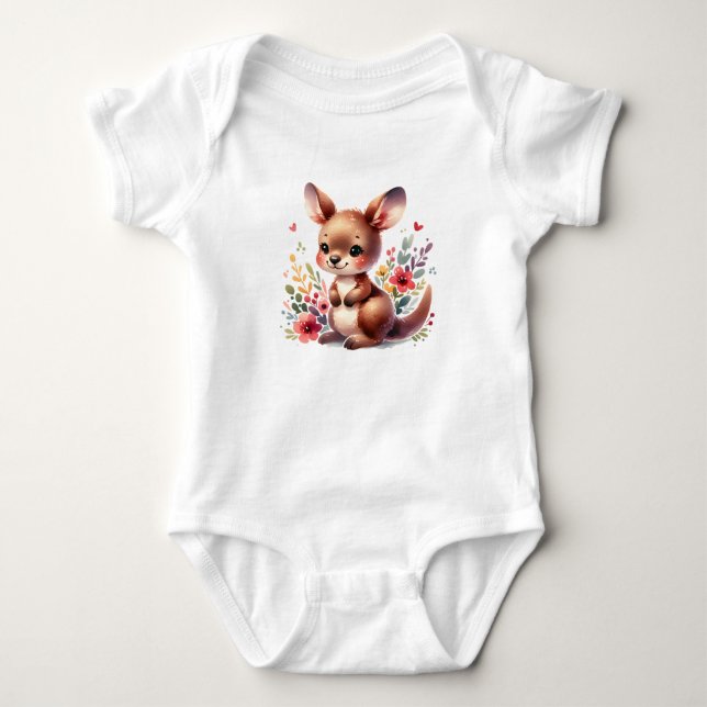 Body Para Bebê Bebê canguru fofo com Flores | Animais Kawaii  (Frente)