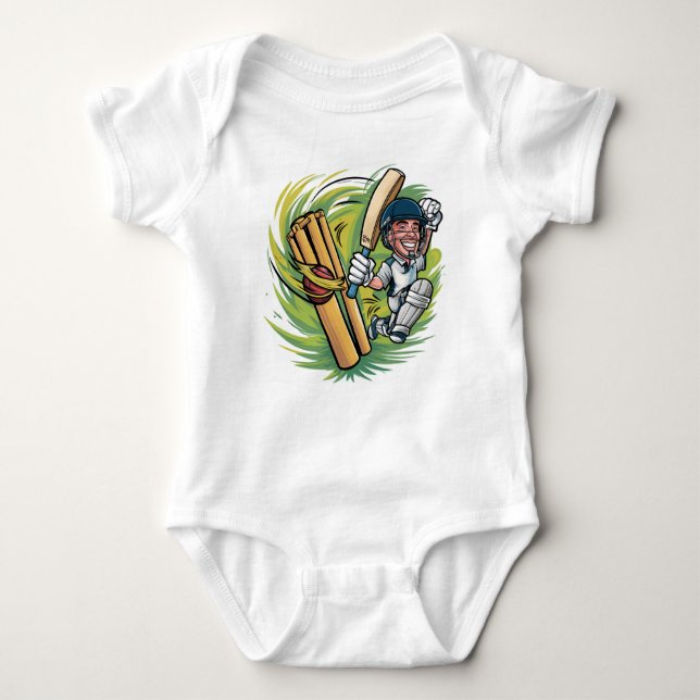 Body Para Bebê Bebê Casaco Cricketer com taco, bola e wicketer (Frente)