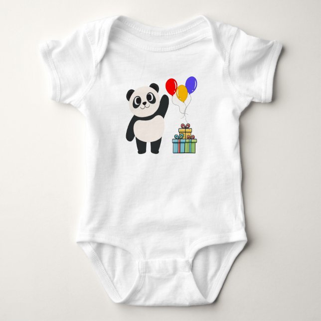 Body Para Bebê Bebê de aniversário de Panda Fofo com Balões e Pre (Frente)