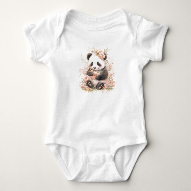 Body Para Bebê Bebê doce Borrão de Panda com Flores (Frente)