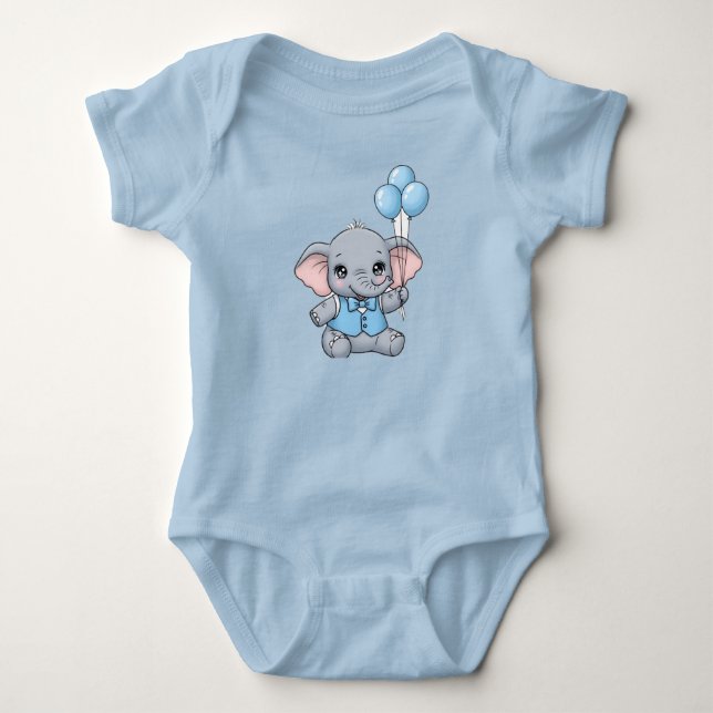 Body Para Bebê Bebê Elefante Fofo com Balões Azuis Chá de Bebê  (Frente)