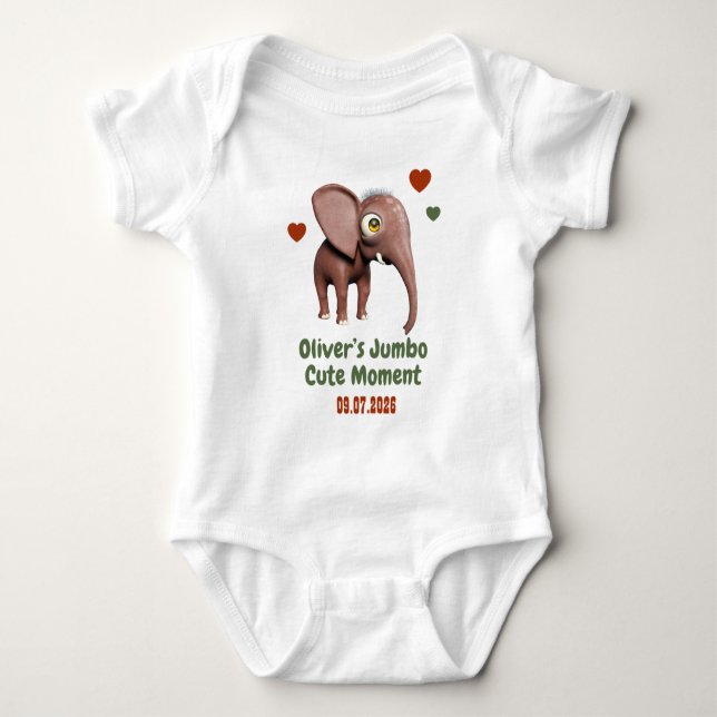 Body Para Bebê Bebê Elefante Nome Personalizado Data Momento Fofo (Frente)
