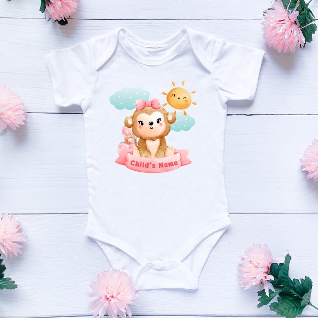 Body Para Bebê Bebê macaco-branco, Arco rosa e blocos, personaliz (Criador carregado)