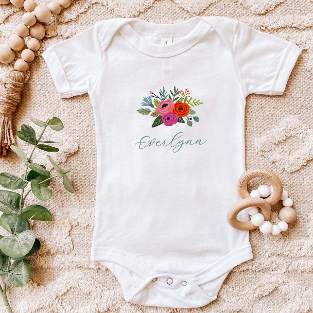Body Para Bebê Bebê no Bloom Bright Floral Nome (Criador carregado)