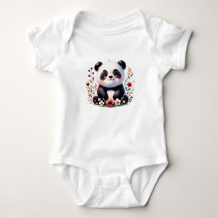 Body Para Bebê Bebê Panda Fofo com Flores Arte de Animal Adoráv