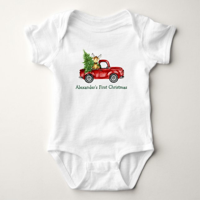 Body Para Bebê Bebê Primeiro Natal Red Truck Tree Moose (Frente)