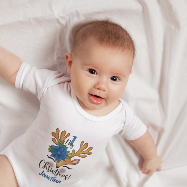 Body Para Bebê Bebê Primeiro Natal Reindeer Poinsettia (Criador carregado)