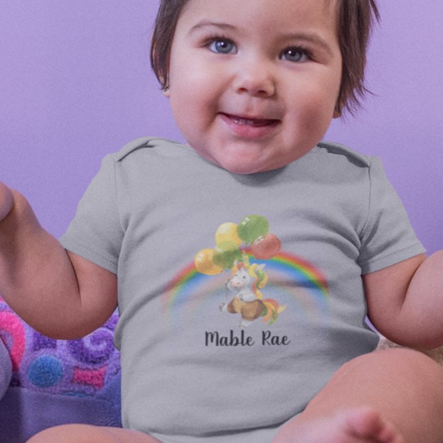 Body Para Bebê Bebê Unicórnio com Nome Arco-Íris de Balão  (Criador carregado)