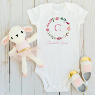 Body Para Bebê BebeBaby Girl Monograma Pink Watercolor Floral