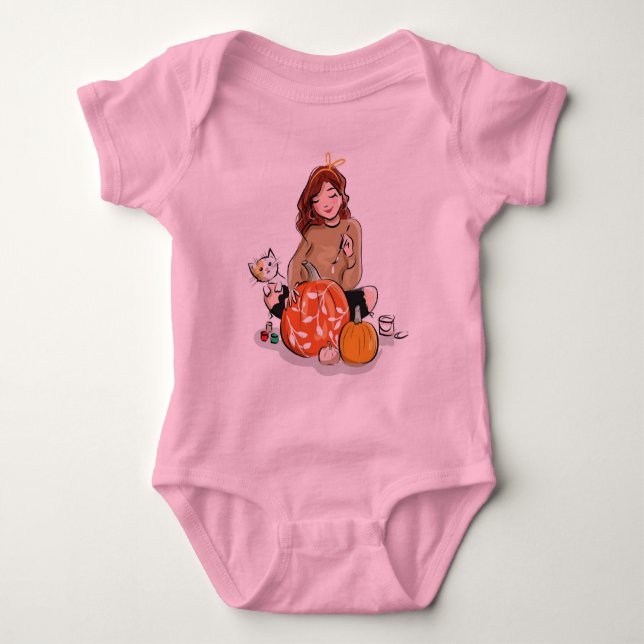 Body Para Bebê Bela Menina com Tinta de Cabelo Castanho Abóboras (Frente)