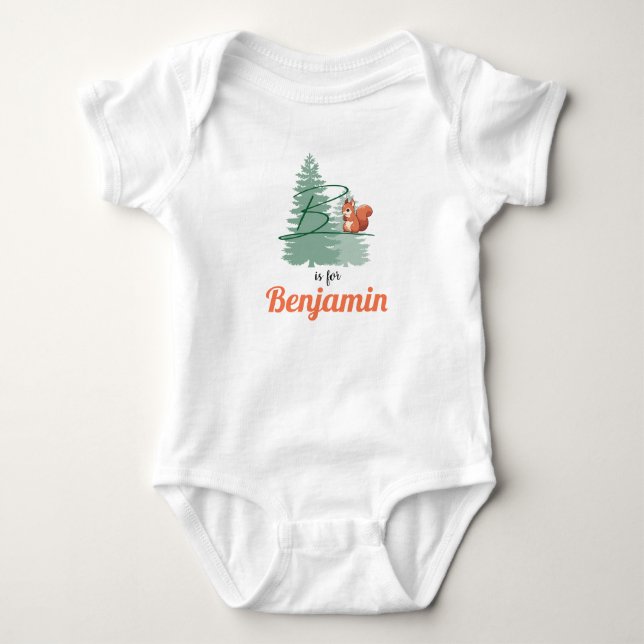 Body Para Bebê Benjamin Name Reveal - Letra Woodland Boy Squirrel (Frente)