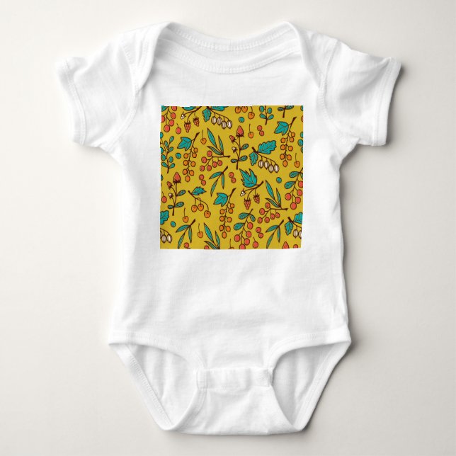 Body Para Bebê Berries em galhos, padrão natural sem costura. (Frente)