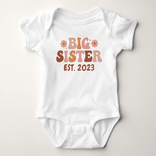 Body Para Bebê Big Sister EST.2023, Nova Irmã Grande, Anúncio (Frente)