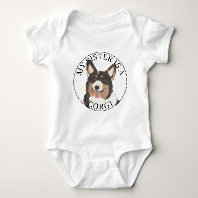 Body Para Bebê Black Headed Tricolor Corgi Dog Big Sister (Frente)