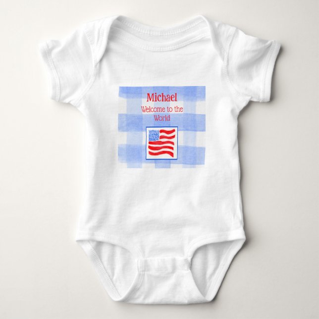 Body Para Bebê Blue Check Gingham USA Flag WELCOME Baby Clothing (Frente)
