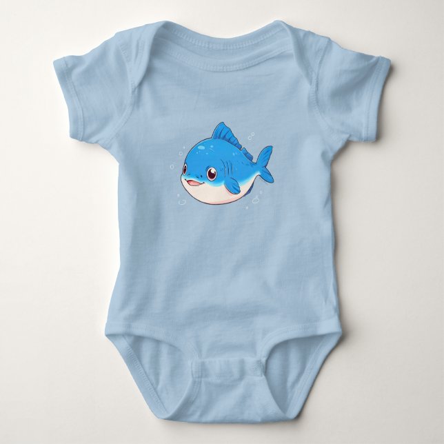 Body Para Bebê Blue Fish Drawing, Cartoon Style (Frente)