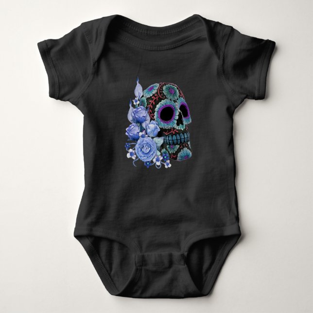 Body Para Bebê Blue Floral Black Sugar Skull Day Of The Dead (Frente)