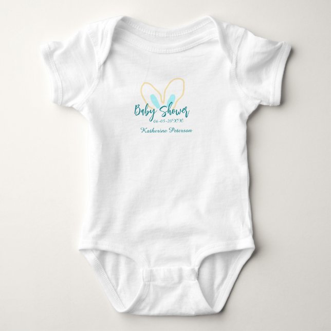 Body Para Bebê Blue yellow baby shower name date animal ear cute  (Frente)