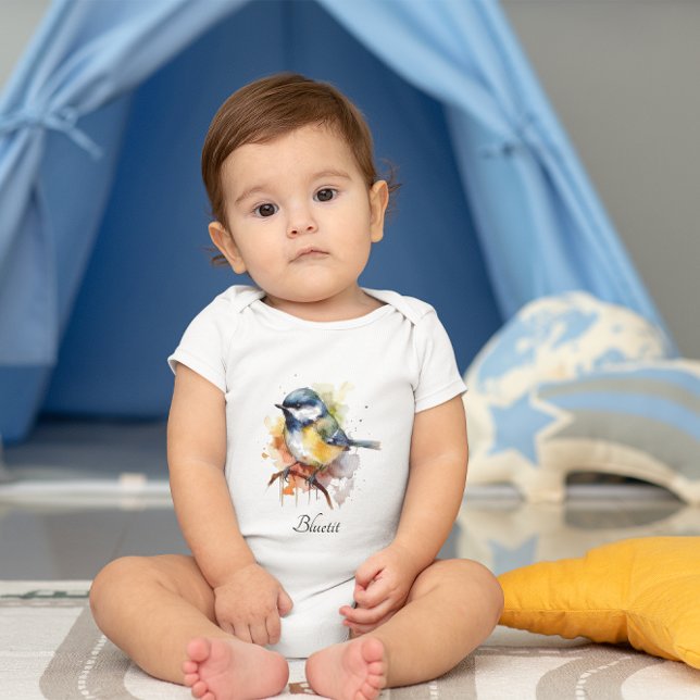 Body Para Bebê Bluetit bonito em uma ramificação, personalizado (Criador carregado)