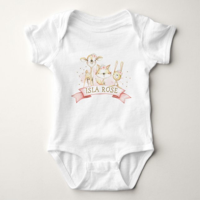 Body Para Bebê Blush Floral Woodland Animal Girl Nome Personaliza (Frente)