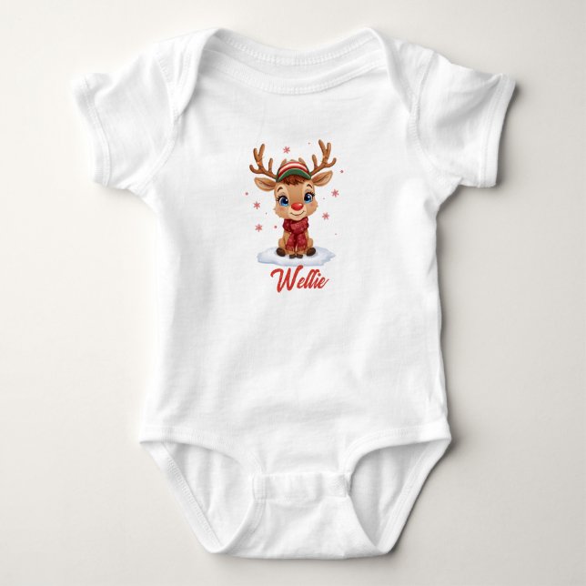 Body Para Bebê Body de Bebê de Natal com Rena Personalizada Nome (Frente)