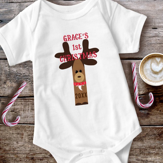 Body Para Bebê Body Infantil Menina Bonita Primeiro Natal Rena (First Christmas Reindeer Baby Bodysuit with space for a name and year)